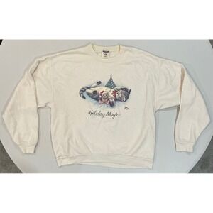 VTG Y2K Cat Kitten Granny Christmas Sweatshirt Crewneck White Holiday Magic L